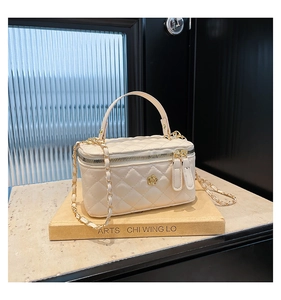 Detail of cream quilted vanity bag with gold camellia clasp and woven chain strap