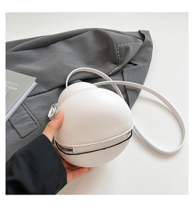 Detailed view of a white spherical crossbody bag with silver zipper and slender shoulder strap