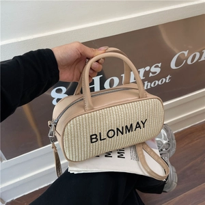 Women Spliced PU Straw Woven Boston Crossbody Bag Casual Letter Print Handbag With Adjustable Strap For Summer Vacation