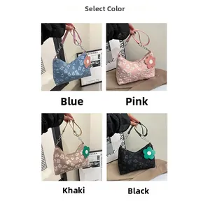 Close-up of four floral jacquard shoulder bags in blue, pink, khaki, and black colors