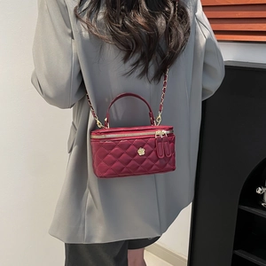 Quilted wine red square handbag with gold flower clasp and chain strap for women