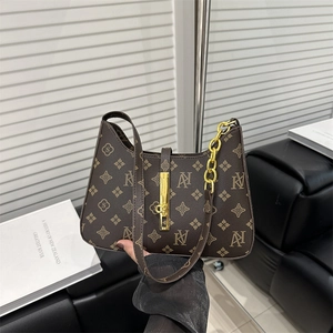 Vintage Monogram Print Underarm Bag For Women Luxury PU Leather Shoulder Bag With Gold Chain Lock Fashion Hobo Baguette Bag