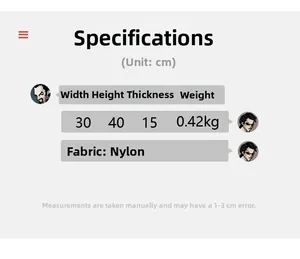 Size chart showing 30x40x15cm dimensions and 0.42kg weight for the nylon backpack