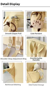 Detail view of smooth dual zippers, plush charm, and reinforced stitching on a yellow backpack