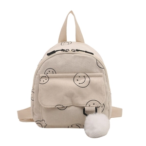 Minimalist beige corduroy backpack with smiley pattern and plush ball charm for women