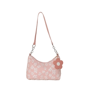 Pink floral embroidered underarm bag with lace patterns and stylish metal chain strap
