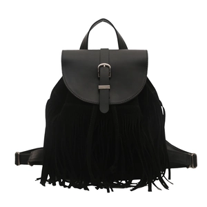 Minimalist black fringe backpack with matte finish and silver buckle for casual travel