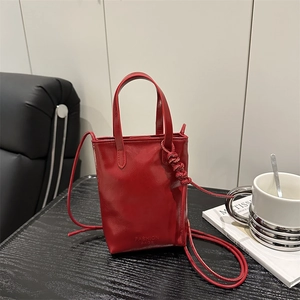 Women's PU Leather Mini Crossbody Bag Vertical Square Handbag Minimalist Solid Color Mobile Phone Bag With Knot Strap