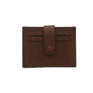 Brown woven leather card holder with multiple slots and snap button closure
