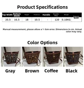 Tableau des tailles pour sacs seaux léopard avec dimensions et quatre options de couleurs