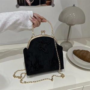 French Retro Women's Crossbody Bag With Butterfly Applique Embroidery Kiss Lock Chain Shoulder Bag Elegant Evening Purse