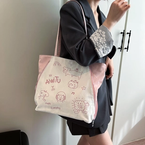 Pink and white tote bag with cute cartoon prints and large capacity for women's daily commute
