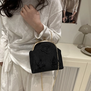 Vintage style black embroidery butterfly chain bag with gold clasp for women