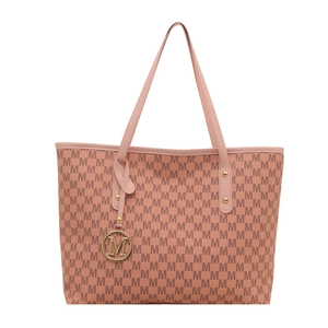 Pink tote bag with dark letter print, large capacity and golden metallic charm