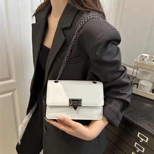 Chic white leather chain square bag with geometric metal clasp for modern women