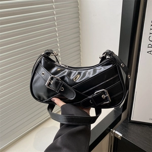 Women Glossy PU Leather Baguette Shoulder Bag Vintage Metal Buckle Y2K Underarm Hobo Bag Daily Fashion Crossbody Handbag