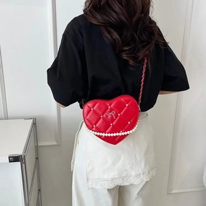 Quilted red heart-shaped pearl chain bag for women stylish shoulder crossbody purse