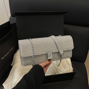 Glitter Sequin Evening Clutch Bag For Women Metal Chain Strap S-Shaped Buckle Shoulder Crossbody Bag Party Banquet Handbag