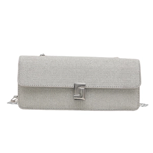 Elegant silver rectangle clutch bag with metallic glitter fabric and thin chain strap