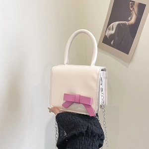 Women Sweet Bow Mini Square Bag PU Leather Contrast Color Handbag With Metal Chain Shoulder Crossbody Bag For Girls