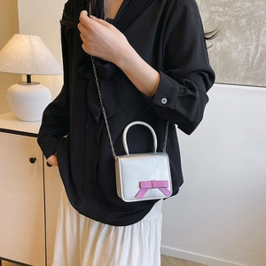 Mini silver crossbody bag for women with pink bow detail and chain shoulder strap