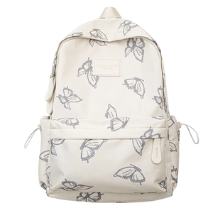 Off-white large capacity backpack with butterfly print and multiple storage pockets