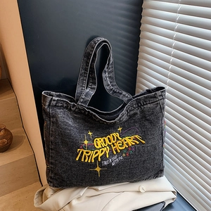 Women Retro Acid Wash Denim Tote Bag Large Capacity Shoulder Bag With Groovy Trippy Heart Letter Embroidery Fashion Handbag