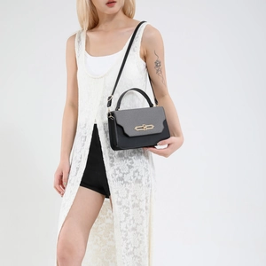 Chic black and grey woven texture handbag with gold metal lock and slim shoulder strap