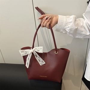 Sac Fourre-Tout Femme en Cuir PU Nœud en Dentelle Grande Capacité Sac à Bandoulière Couleur Unie Sac à Main Sous le Bras