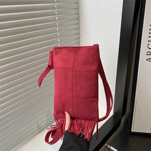 Women Vintage Suede Fringe Crossbody Bag Retro Tassel Patchwork Mobile Phone Bag Bohemian Shoulder Messenger Pouch Bag