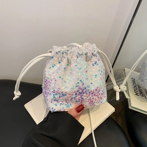 Sac Seau à Cordon à Paillettes à la Mode pour Femmes Sac à Bandoulière en Cuir PU Chic Sac à Main Fourre-Tout Brillant