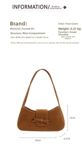 Detailed dimensions of brown matte PU underarm bag with decorative bow and flap closure
