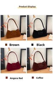Collage of four vintage suede baguette bags in brown, black, burgundy and coffee colors