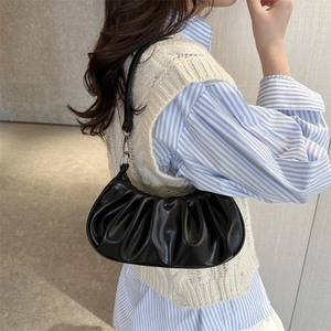 Minimalist black pleated cloud crescent bag with silver hardware for women