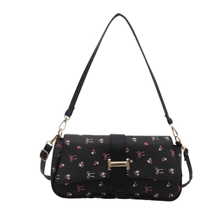 Sac bandoulière rétro noir en PU avec motifs floraux à nœuds roses et boucle dorée