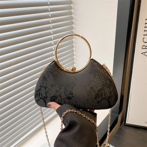 Vintage Floral Jacquard Evening Bag With Gold Metal Round Handle Women Chain Shoulder Crossbody Clutch Bag Wedding Party Bag