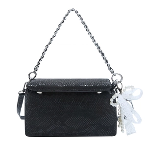 Elegant black snakeskin pattern handbag with silver chain and pearl bow charm