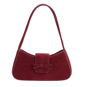 Elegant deep red suede underarm bag featuring a stylish front bow detail for women