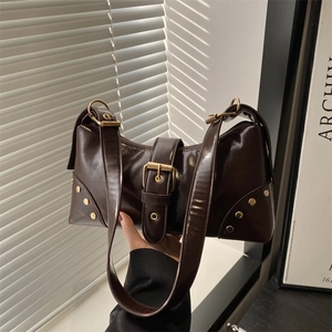 Women Retro High Gloss PU Leather Shoulder Bag Large Capacity Tote Underarm Bag With Gold Buckle Rivets Adjustable Strap Fashion Handbag