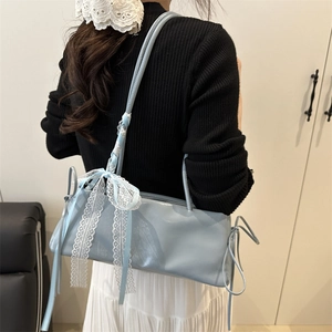 Light blue chic aesthetic shoulder bag with lace bow and silk ribbons for women