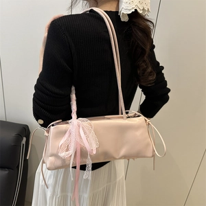 Pink balletcore shoulder bag with lace ribbons and large capacity for daily commuting