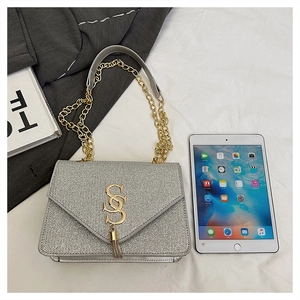 Detailed view of silver sequin crossbody bag with gold metal logo and chain strap