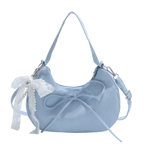 Light blue crescent shoulder bag with drawstring bow and pearl lace charm detail