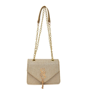 Champagne gold sequin shoulder bag with metal fringe and gold chain strap for women