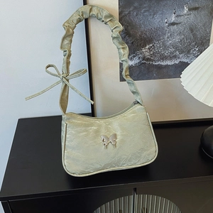 Sac sous le Bras en Cuir PU Design Niche Française pour Femme Boucle Papillon en Métal Poignée à Volants Nœud Sac à Épaule