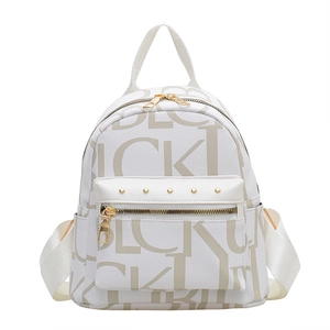 White vintage chic backpack with large letter print and golden studs for women