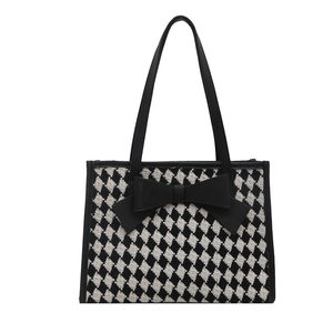 Sac fourre-tout à motif pied-de-poule avec grand nœud en cuir noir et anses