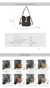 Detailed size chart for the PU leather bucket bag showing dimensions and strap length