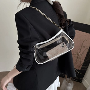 Sac à bandoulière transparent en PVC avec bordure en cuir blanc et chaîne dorée