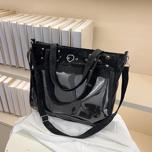 Japanese Style PU Leather Ita Bag For Women Large Capacity Transparent PVC Window Tote Crossbody Bag Heart Metal Buckle Stitching Shoulder Bag